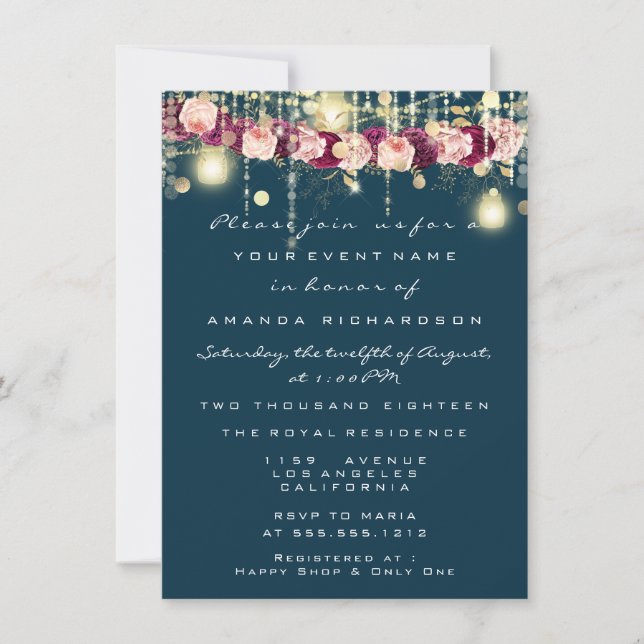 Invitation Rustic Gold Lights Jar Rose de la Marine Mariage (Devant)