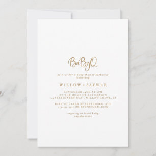 Invitation Rustic Gold Script BabyQ Baby shower Barbecue
