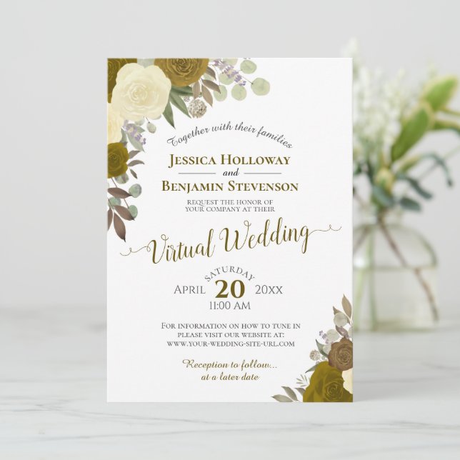 Invitation Rustic Gold Watercolor Floral Mariage virtuel (Debout devant)