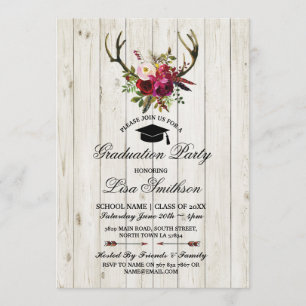 Invitation Rustic Graduation Party Floral Antlers Stag Invita