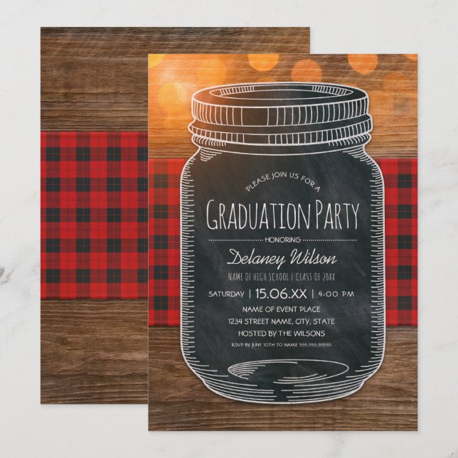 Invitation Rustic Graduation Party Pays unique Mason Jar (Devant / Derrière)