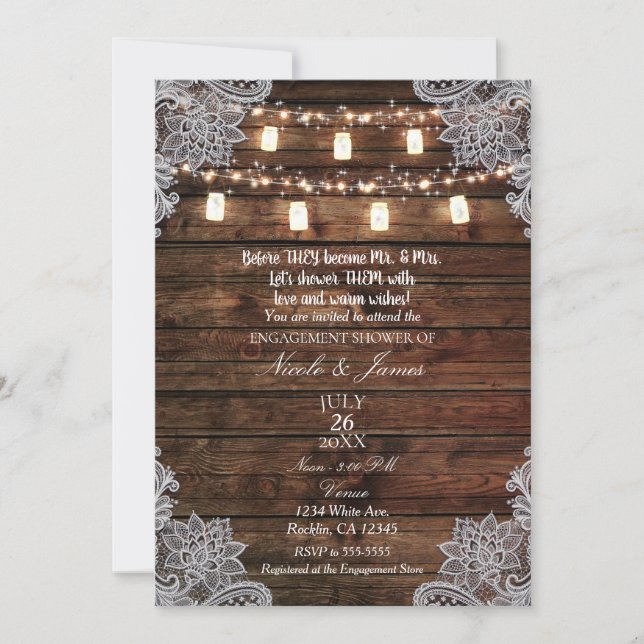Invitation Rustic Grange Bois & Mason Jarres Fiançailles Douc (Devant)