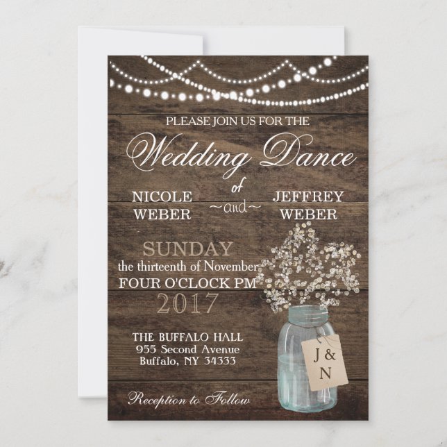 Invitation Rustic Grange Mariage Wood Mason Jar Babys Respire (Devant)