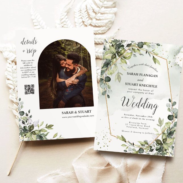 Invitation Rustic Green Eucalyptus Arch Photo QR Code Mariage (Rustic Green Eucalyptus Arch Photo QR Code Wedding Invitation)