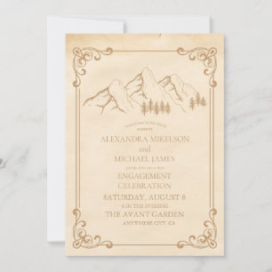 Invitation Rustic Green Pine Woods Mountain Sketch Fiançaille