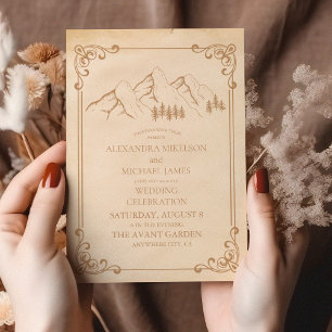 Invitation Rustic Green Pine Woods Mountain Sketch Mariage