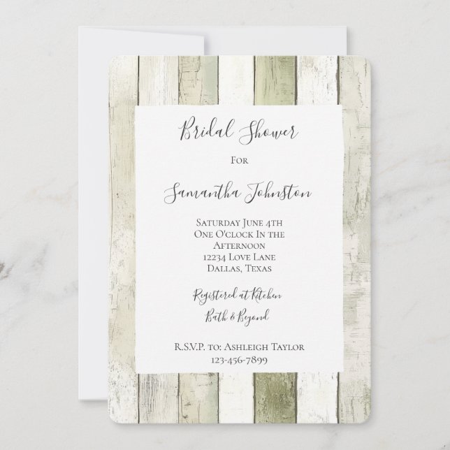 Invitation Rustic Green White Faux Wood Bridal Shower (Devant)
