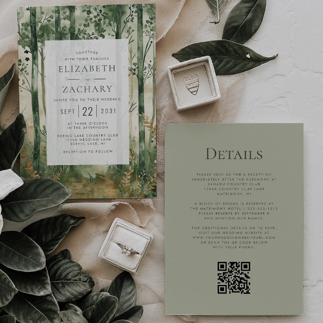 Invitation Rustic Green Woodland QR Code Mariage (Créateur téléchargé)