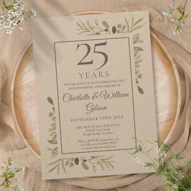 Invitation Rustic Greenery 25e anniversaire Mariage d'argent (Rustic Greenery 25th Silver Wedding Anniversary Invitation)