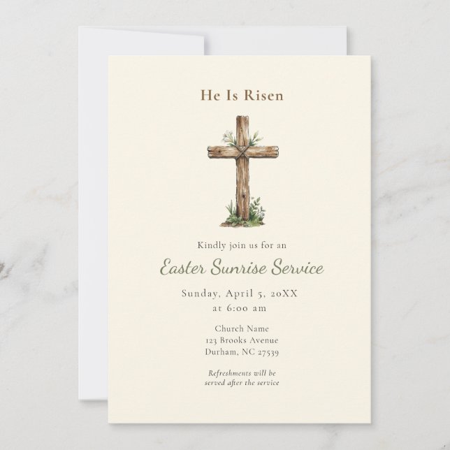 Invitation Rustic He is Risen Cross Easter Sunrise service (Devant)