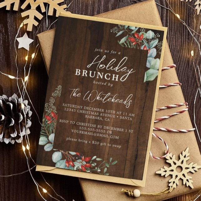 Invitation Rustic Holiday Brunch Aquarelle Holly Dark Wood (Invite family and friends to your holiday brunch with this rustic watercolor holly greenery invite.)