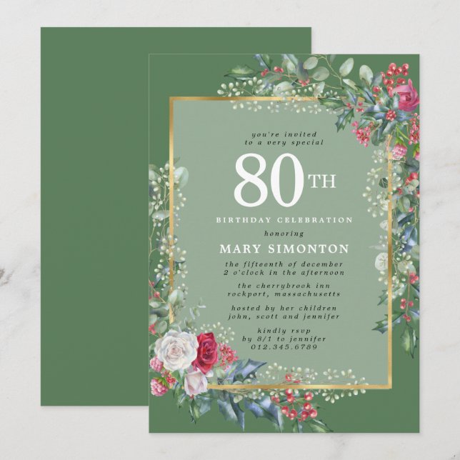 Invitation Rustic Holly Berries Botanical 80e fête d'annivers (Devant / Derrière)