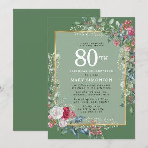 Invitation Rustic Holly Berries Botanical 80e fête d'annivers
