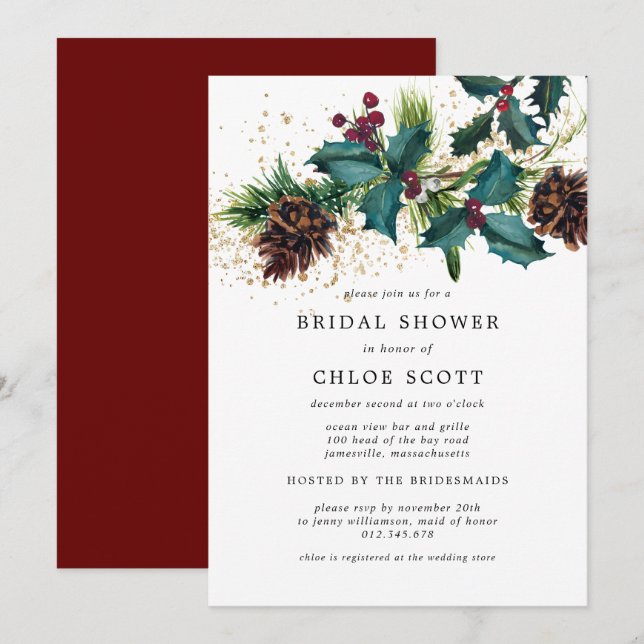 Invitation Rustic Holly et Berries Fête des mariées botanique (Devant / Derrière)