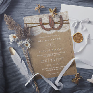 Invitation Rustic Horseshoe On Kraft & Lace QR Code Wedding