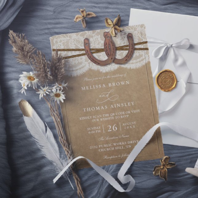 Invitation Rustic Horseshoe On Kraft & Lace QR Code Wedding (Créateur téléchargé)