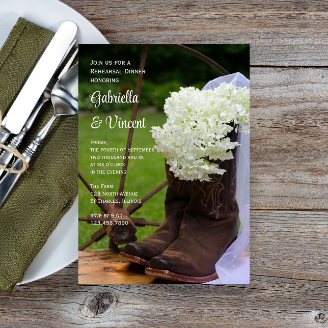 Invitation Rustic Hydrangea Boots Western Rehearer Dîner (Créateur téléchargé)