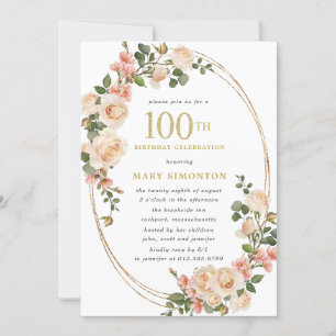 Invitation Rustic Ivory White Rose 100e fête d'anniversaire