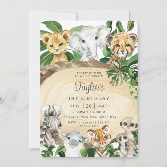 Invitation Rustic Jungle Animaux Bois Verdure fête d'annivers (Devant)