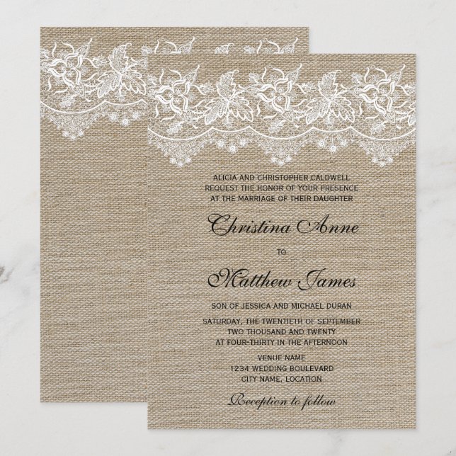 Invitation Rustic Jute et Mariage de dentelle (Devant / Derrière)