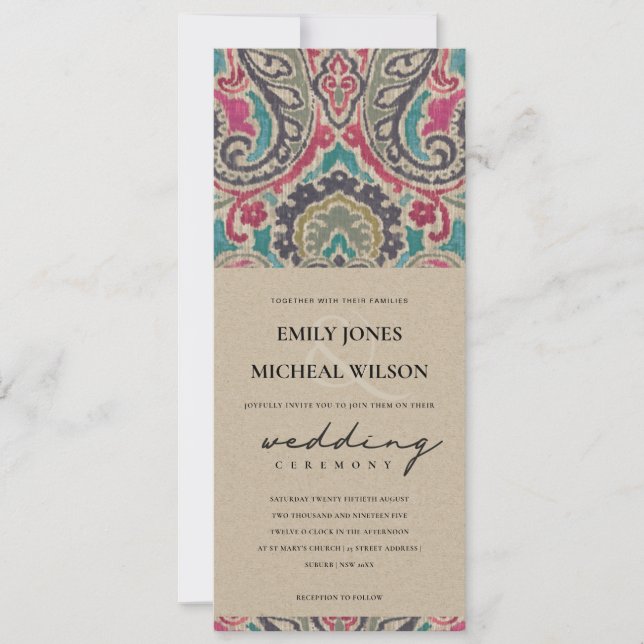 INVITATION RUSTIC KRAFT BOHO TRIBAL IKAT PINK MARIAGE TURQUOI (Devant)