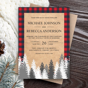 Invitation Rustic Kraft Rouge Plaid Épinette Blanche Mariage