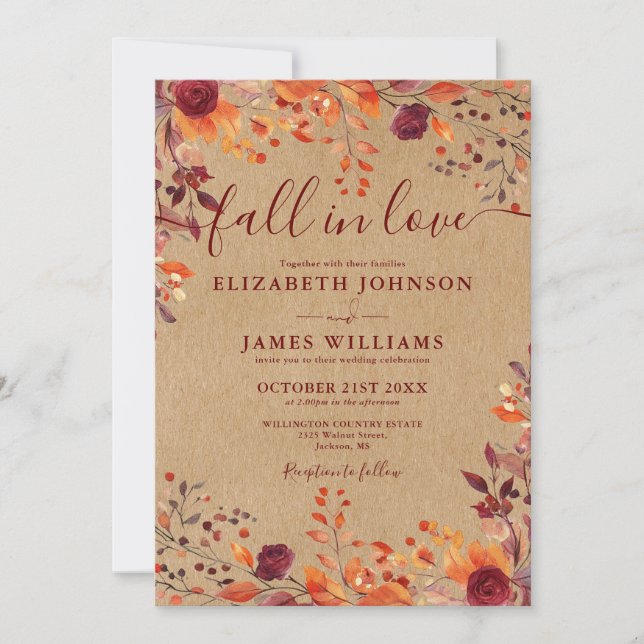 Invitation Rustic Kraft Tombe Dans L'Amour Automne Floral Mar (Devant)