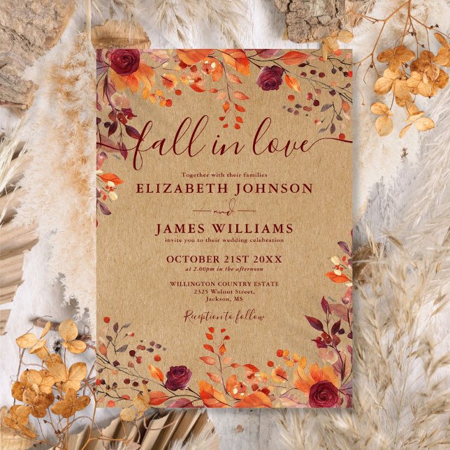 Invitation Rustic Kraft Tombe Dans L'Amour Automne Floral Mar (Rustic Kraft Fall In Love Autumn Floral Wedding Invitation)