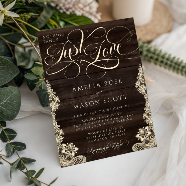 Invitation Rustic Lace Dark Wood Just Love Script Wedding (Rustic Lace Dark Wood Nothing Fancy Just Love Script Wedding Invitation)