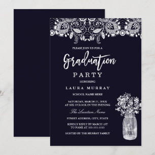 Invitation Rustic Lace Mason Jar Parti de Graduation Marine