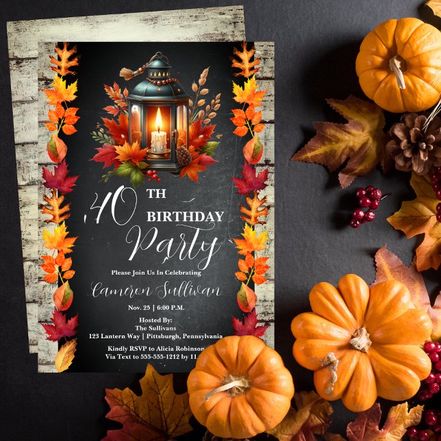 Invitation Rustic Lantern et Feuille Automne 40e fête d'anniv (Candlelit Lantern and Fall | Autumn Leaves 40th Birthday Party Celebration Invitation)