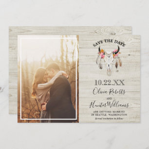 Invitation Rustic Light Wood Antler Photo Enregistrer la date