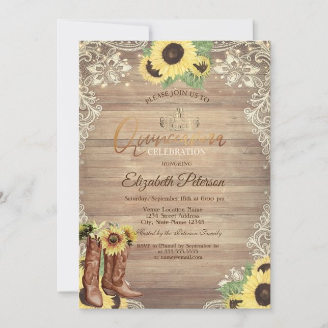 Invitation Rustic Lights,Lace,Boots Sunflowers Quinceañera (Devant)