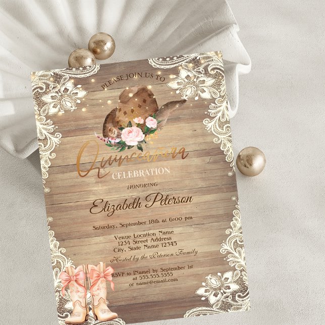 Invitation Rustic Lights Lace Cowboy Hat Boots Quinceañera  (Créateur téléchargé)