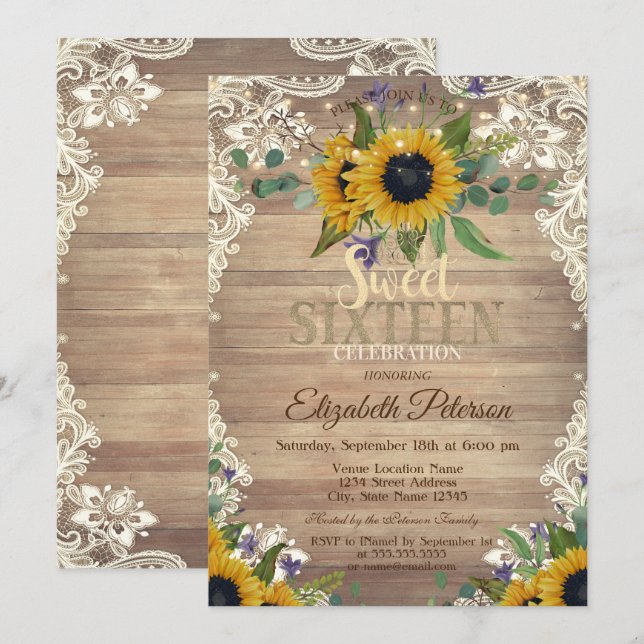 Invitation Rustic Lights,Lace Sunflowers Sweet 16 Party (Devant / Derrière)