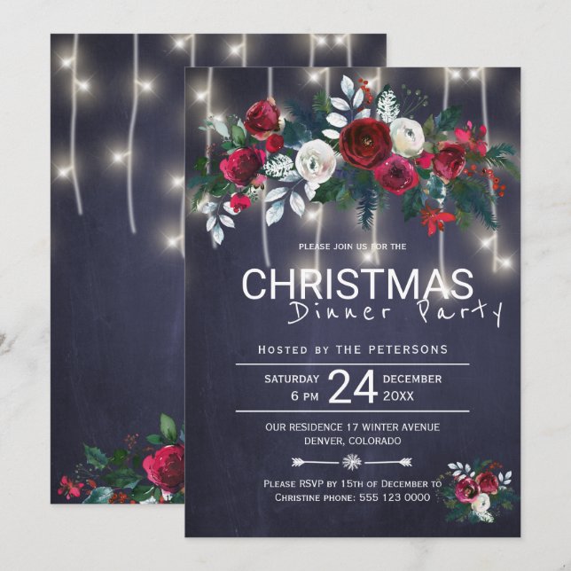 Invitation Rustic Lights Winter Floral Dîner de Noël (Devant / Derrière)