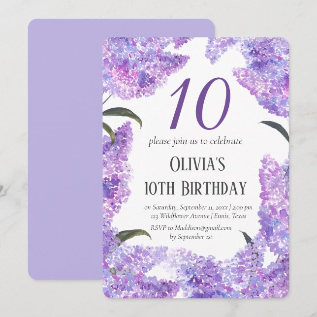 Invitation Rustic Lilac 10e anniversaire Fleur sauvage Annive (Devant / Derrière)