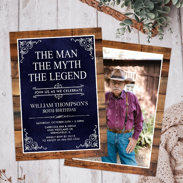 Invitation Rustic Man Myth Legend Photo 80th Birthday (Créateur téléchargé)