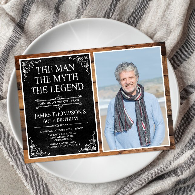 Invitation Rustic Man Myth Légende Black 60th Birthday Photo (Créateur téléchargé)