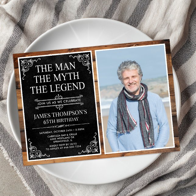 Invitation Rustic Man Myth Légende Black 65th Birthday Photo (Créateur téléchargé)