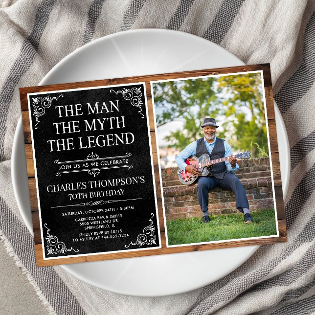 Invitation Rustic Man Myth Légende Black 70th Birthday Photo (Créateur téléchargé)