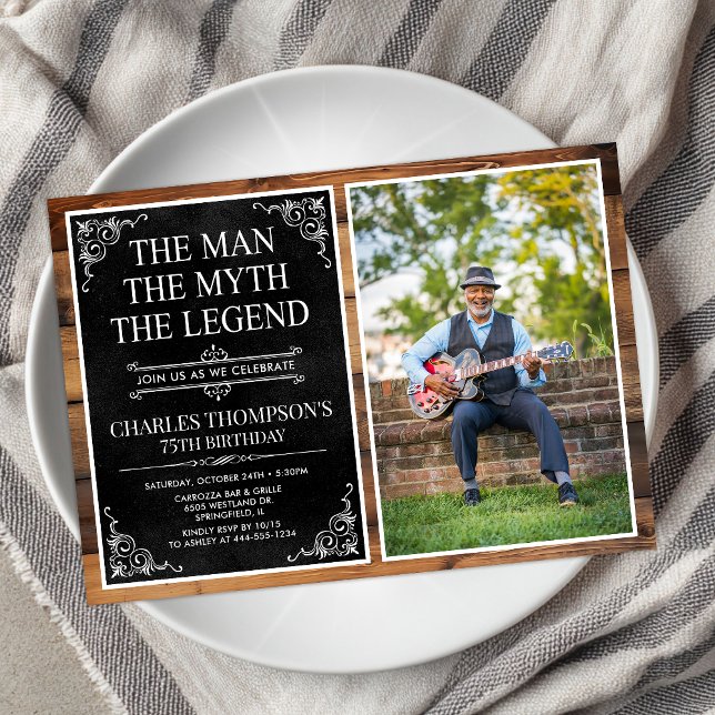 Invitation Rustic Man Myth Légende Black 75th Birthday Photo (Créateur téléchargé)