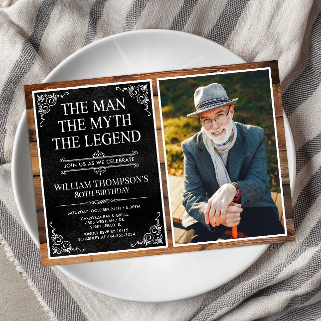 Invitation Rustic Man Myth Légende Black 80th Birthday Photo (Créateur téléchargé)