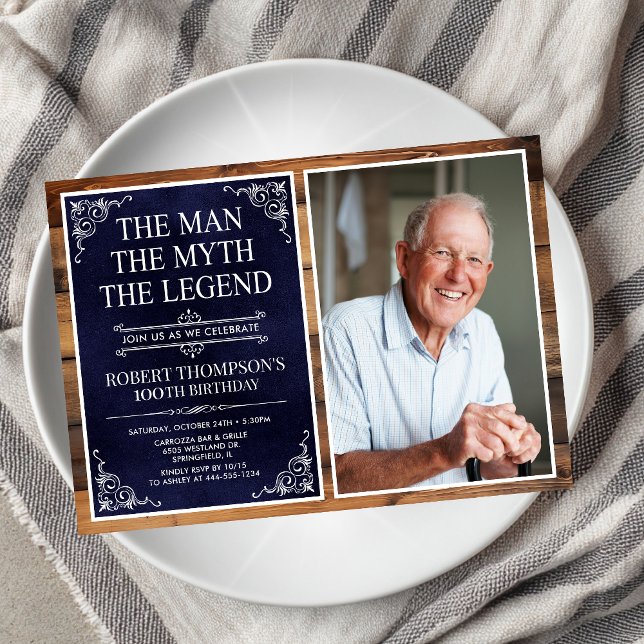 Invitation Rustic Man Myth Légende Bleu 100e anniversaire Pho (Créateur téléchargé)