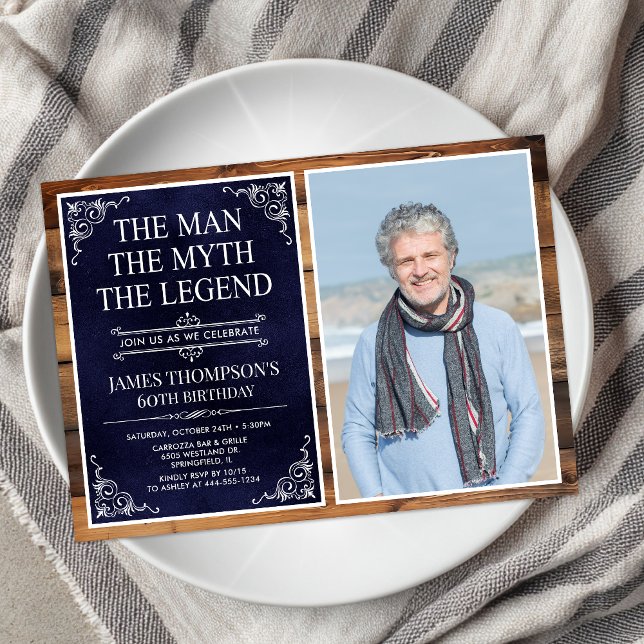 Invitation Rustic Man Myth Légende Bleu 60e anniversaire Phot (Créateur téléchargé)