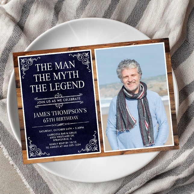 Invitation Rustic Man Myth Légende Bleu 65ème anniversaire Ph (Créateur téléchargé)
