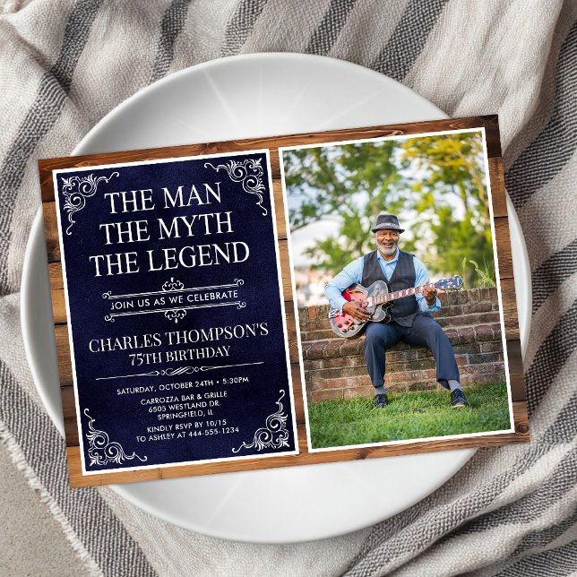 Invitation Rustic Man Myth Légende Bleu 75ème anniversaire Ph (Créateur téléchargé)