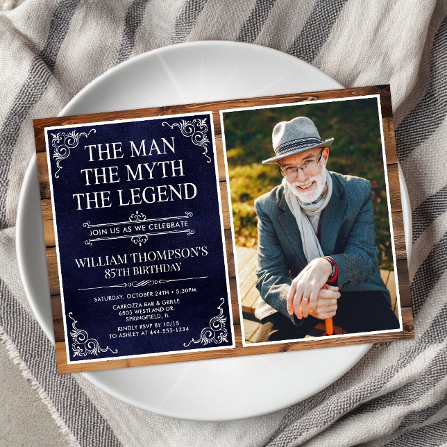 Invitation Rustic Man Myth Légende Bleu 85ème anniversaire Ph (Créateur téléchargé)