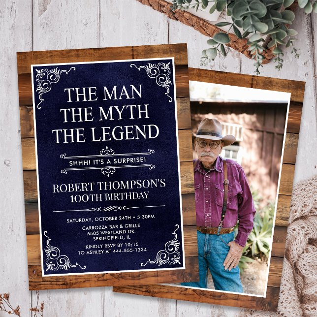 Invitation Rustic Man Myth Légende Surprise Photo 100 Anniver (Créateur téléchargé)
