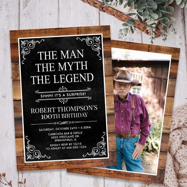 Invitation Rustic Man Myth Légende Surprise Photo 100 Anniver (Créateur téléchargé)